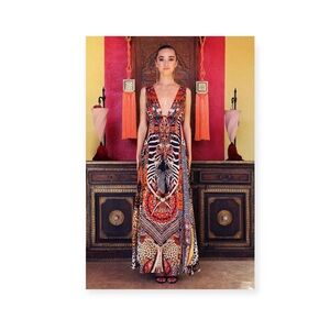 new Shahida Parides 𒀭 RHOBH Silk Crystal Tribal Print Maxi Dress 𒀭 Orange 00-12
